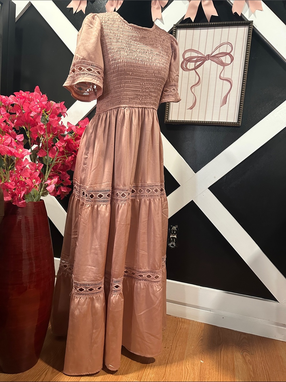 Smocked Lace-Tiered Maxi Dress in Dusty Rose